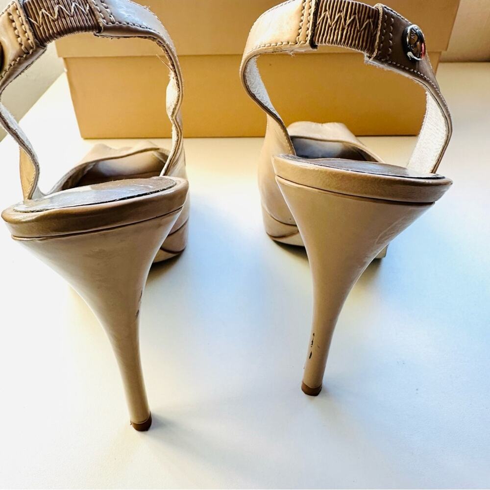 MICHAEL KORS Nude Beige Tan Leather Peep Toe Slingback 5” Heel Pumps Shoes 7 - Picture 15 of 16